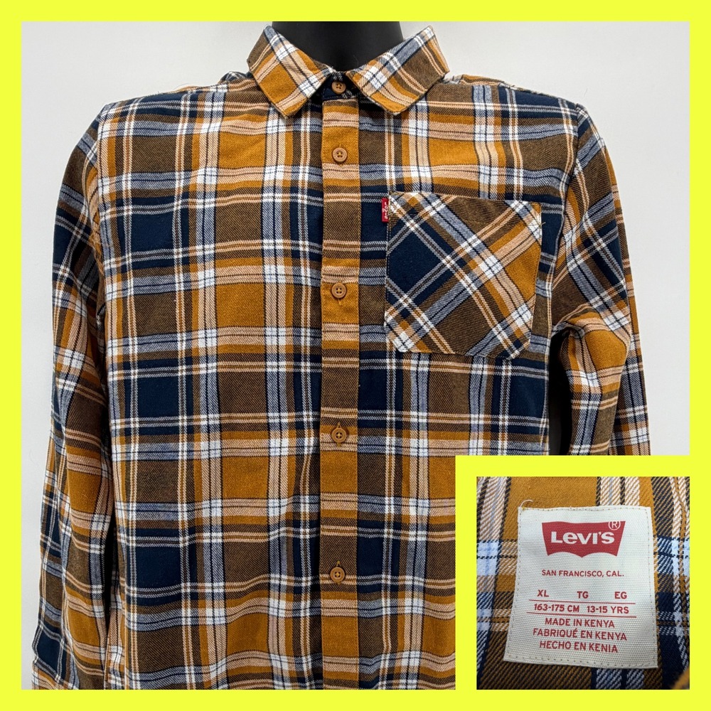 Levi's Boys‎ XL 13-15 Flannel Shirt Mustard Yellow Navy Blue Plaid Long Sleeve